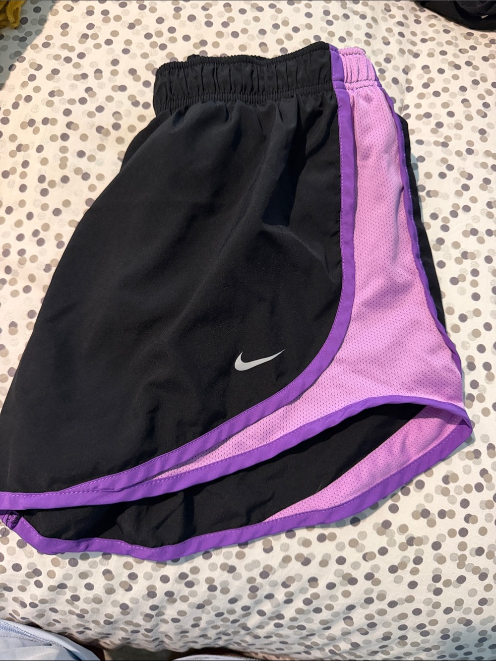 Nike Women’s Black Athletic Shorts with Lavender Mesh and Purple Trim